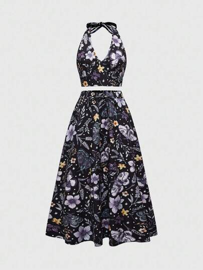 Fairycore Ensemble 2 pièces Top à col ras-du-cou et mini-jupe imprimés papillon et floral pour femmes