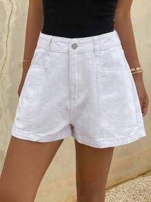 Livesso 女士夏季高腰休闲大口袋牛仔短裤 - 白色 - 查看 1