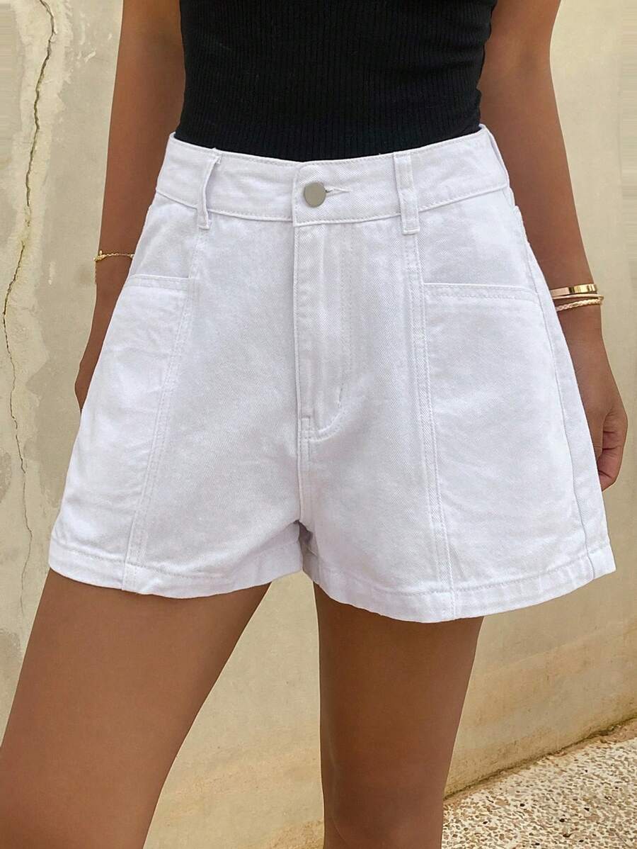 Livesso 女士夏季高腰休闲大口袋牛仔短裤 - 白色 - 查看 1