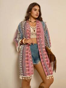 SHEIN LUNE 大码女式花卉印花落肩流苏宽松和服