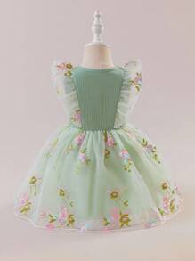 Glamorique Kids Robe de fête de demoiselle d'honneur pour filles bébé, nouvelle robe de printemps/été en tricot avec manches courtes, taille avec broderie, maille élégante et fleurs mignonnes pour mariage - Vert menthe - Voir 2