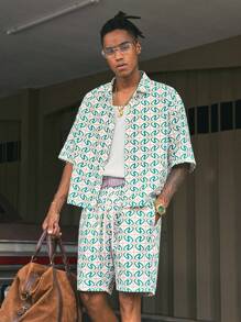 AXEPEAK 2pcs/Set Men's All-Over Print Short Sleeve Single-Breasted Shirt And Shorts Casual Suit