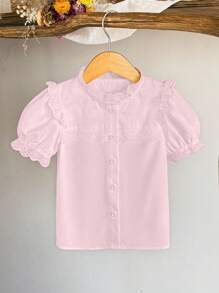 SHEIN Elladie kids 年轻女孩休闲花卉荷叶边泡泡袖短袖纯色衬衫，适合夏季休闲粉色衬衫 - 粉色 - 查看 3