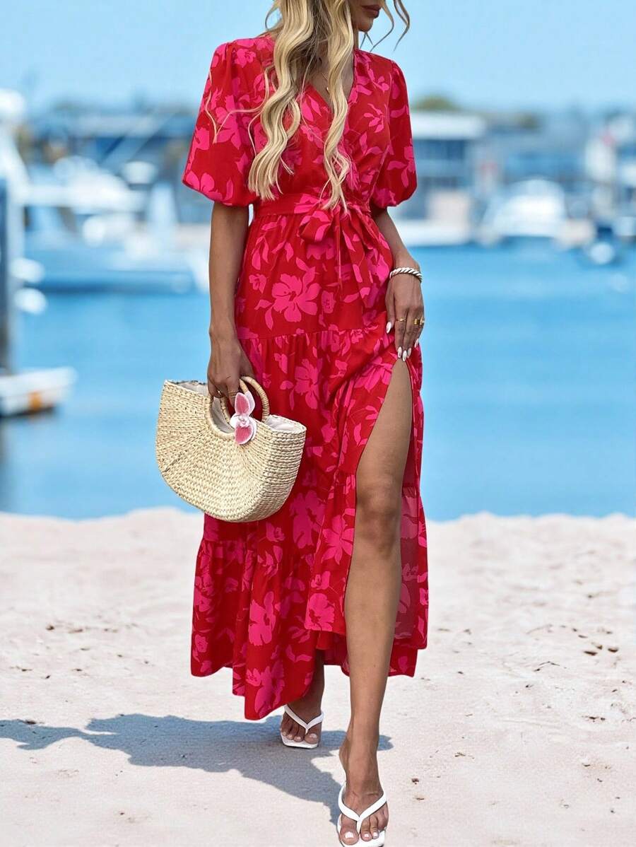 Sylviya 高开叉公主袖红色花卉印花束腰 A 字连衣裙，适合春夏季女士正式派对礼服女士度假礼服女士长裙德比裙红色连衣裙优雅，女士夏季连衣裙 - 紅色 - 查看 1