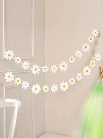 SHEIN 1set/2pcs Fresh Style White Daisy Flower Bunting Banner For Birthday, Holiday, Wedding Party Decoration, Back To School Valentine Day