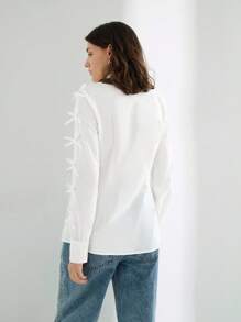 Maija Women's White Shirt With Side Slit Multiple Bow Decorative Design, Summer Dress Shirt With Stylish, Elegant, Versatile, Comfortable Fit, Long Sleeve, Side Slit, Multiple Bow Decor, Vintage Music Festival Casual Attire, Romantic, French Chic, Sophisticated, Understated, Graceful