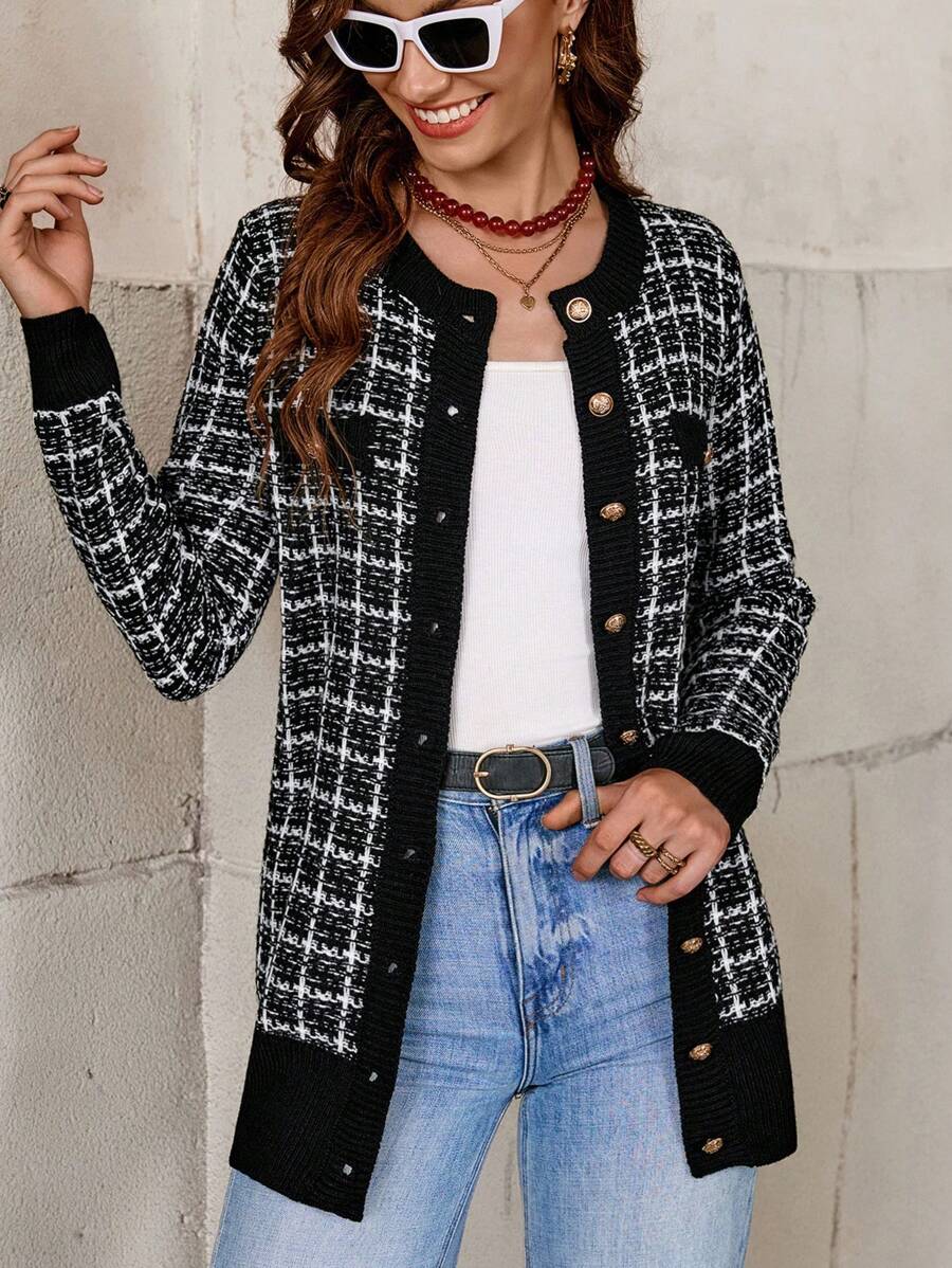 Solivie 女士格子长袖纽扣装饰开衫优雅秋季毛衣女士开衫，长袖上衣