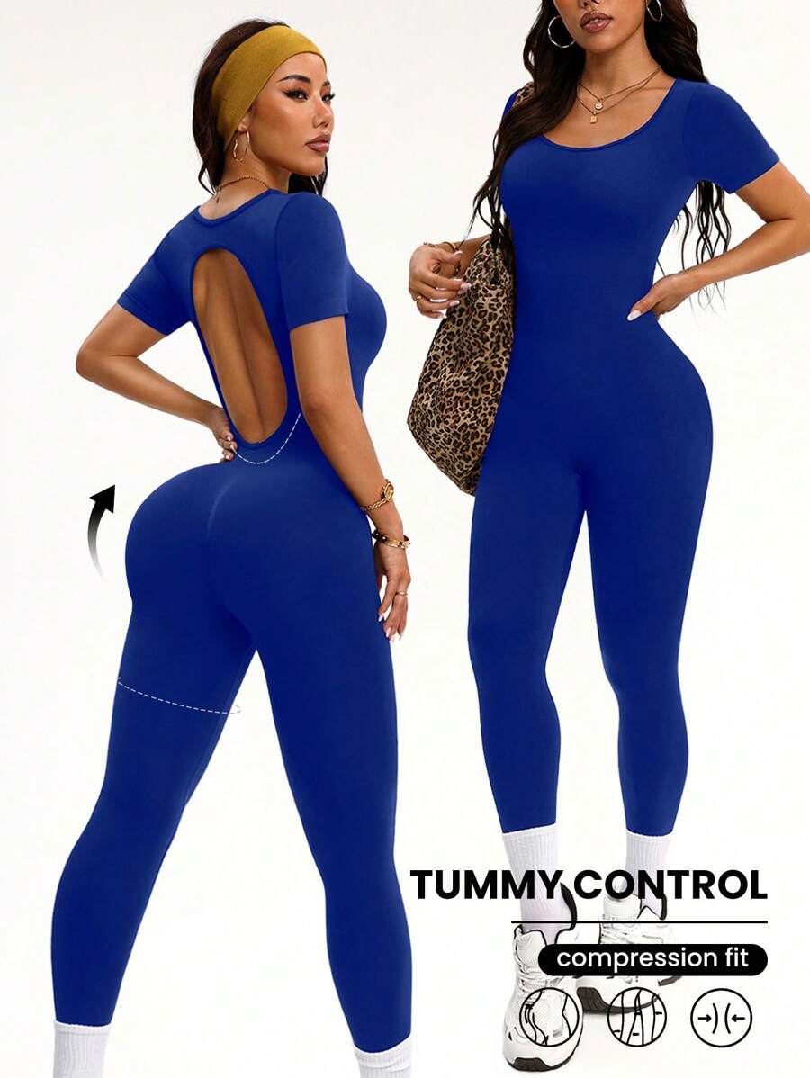 Easithlete 女士纯色圆领短袖休闲无缝连体裤 - 藏蓝色 - 查看 1