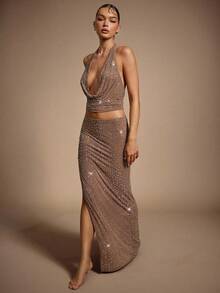 Hauture Sexy Summer Party Night Out Nude Mesh Hot Fixed Rhinestone Embellished Fitted Cowl Top