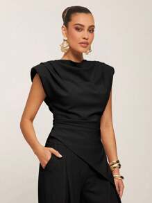 Silquee Women's Casual Solid Color Asymmetric Hem Wide Shoulder Top, Suitable For Work, Summer, Black Sleeveless Top Women Black Top Draped Top Classy Black Top Black Cowl Neck Top