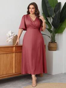 Modelyn Plus Size V-Neck Ruffle Sleeve Cinched Waist A-Line Maxi Dress, Elegant Romantic Charm, Spring/Summer - Red Violet - View 3