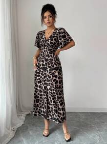 Selianne Elegantes, schickes, minimalistisches Damen Lässig Kleid in hochwertiger Stil, geeignet für Büro, Pendeln, Strand, Musikfestival, Nachmittagstee, französischer Riviera Stil, mit Leopard Muster, V-Ausschnitt, Taillenband, Knopfverzierung, A-Linie Saum, Schlitz, Puffärmel, knielang