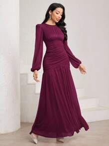 Veilorie Elegant Solid Color Lantern Sleeve Ruched Bodycon Dress - Hot Pink - View 2