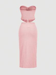 SHEIN MOD Set di top a fascia rosa con nodo e gonna midi aderente elegante, taglie comode per donna - Rosa - Visualizzare 2