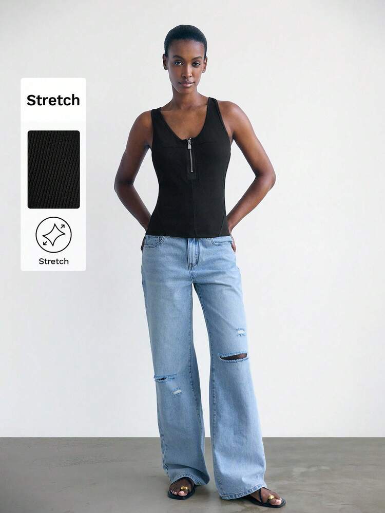 SHEIN Maija Top sin mangas negro de estilo minimalista urbano de verano con cremallera de metal para mujer, cómodo y versátil