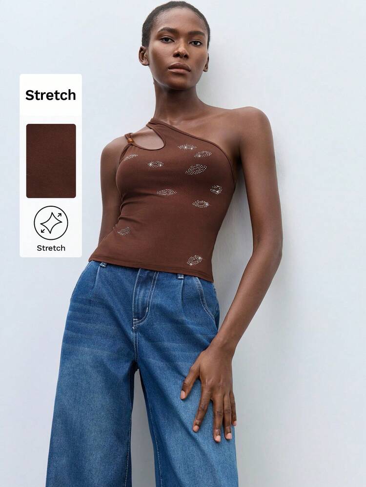 SHEIN Maija Blusa ajustada informal sin mangas con estampado de labios marrones, un solo tirante asimétrico con strass, estilo urbano y versátil, para el otoño