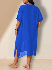 Swim Lushoire Plus Size Women Floral Handmade Crochet Kaftan Dress, Holiday Style For Summer Beach Vacation - Blue - View 2