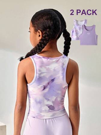 JNSQ 2pcs/Set Tween Girl Outdoor Professional Sports Top, Crew Neck Color Block Tie Dye Print Outdoor Sports Top, Back To School Clothes