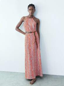 Maija Women's Digital Geometric Print V-Neck Tie Waist Dress, Versatile Urban Party Fashion For Spring And Summer, Slimming Waist Design, Multicolor Prints Vacation Dress, Bohemian Retro Style Maxi Dress Business Casual Women's Wear, Office Wear, Low-Key Old Money Style, Effortless Temperament, High-End Urban Commuting, The Same Style As The Editor-In-Chief Of The Magazine, Urban Social Vacation Party Wear, Charming, Low-Key And Durable Basic Style, Versatile And Not Picky Clothing, Street Fashion - Multicolor - View 6