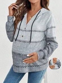 SHEIN Autumn And Winter  Maternity Autumn New Knitted Striped Hooded Sweatshirt