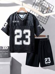 SHEIN 2pcs Kids Tween Boy Casual School Print Pattern Crew Neck Loose Fit Short Sleeve T-Shirts - Multicolor - View 2