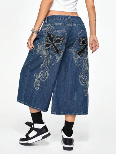Grunge Punk Low-Waist Relaxed Vintage Vine Cross Embroidery Baggy 7/8 Length Jeans