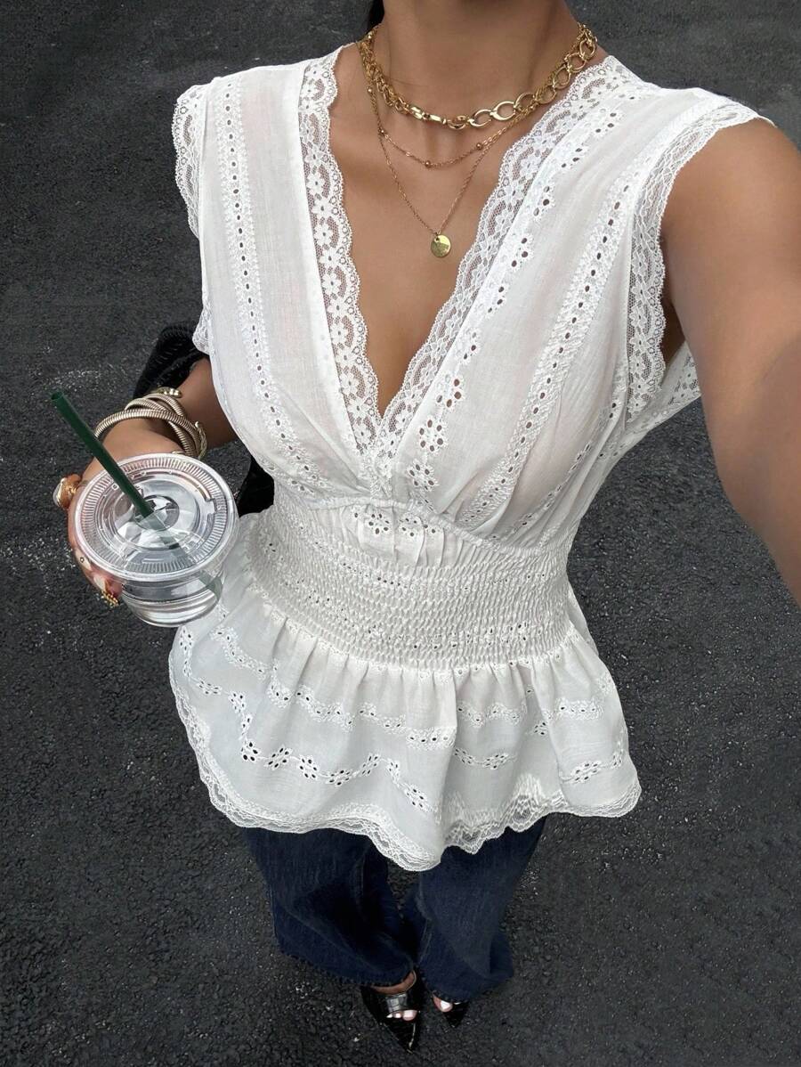 Serisse 夏季新款镂空刺绣女衬衫 - 杏色 - 查看 1