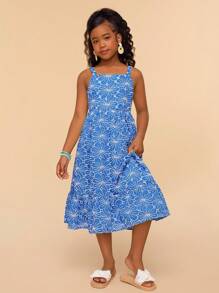 SHEIN Tween Girls Vacation Floral Embroidery Ruffle Hem Spaghetti Strap Dress - Blue - View 3