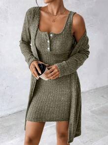 EMERY ROSE 女士性感两件套蓝色连衣裙，秋冬 - 軍綠色 - 查看 3