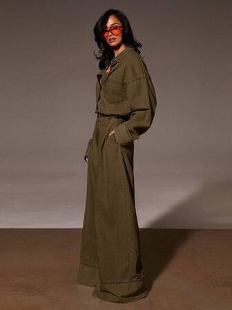 Athîral 女式休闲日常宽松纽扣前落肩连体裤