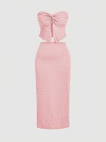 SHEIN MOD Set di top a fascia rosa con nodo e gonna midi aderente elegante, taglie comode per donna - Rosa - Visualizzare 1