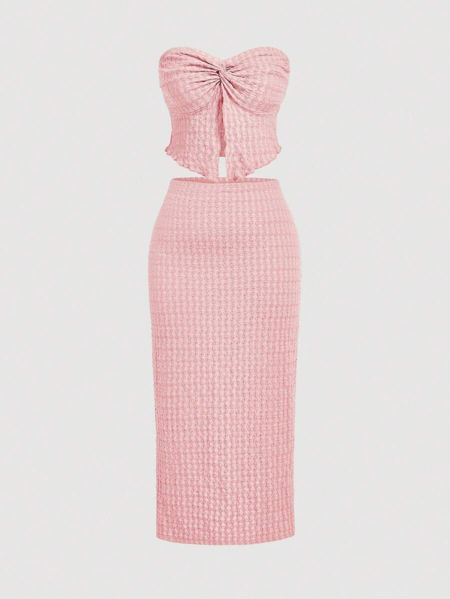 SHEIN MOD Set di top a fascia rosa con nodo e gonna midi aderente elegante, taglie comode per donna - Rosa - Visualizzare 1