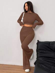 SHEIN EZwear 2件套女士休闲纯色针织圆领长袖短款上衣和高腰喇叭裤套装 - 棕色 - 查看 3