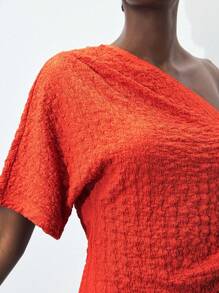 Maija Women's Orange Asymmetrical Neck Side Ruched Design Summer, Urban Casual Slim Fit Shoulder Ruched Front & Side Hem Pullover Top, Suitable For St. Patrick's Day, Spring Break, Easter - Coral Orange - View 7