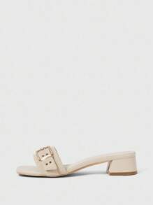 Rosivie Giày sandal gót vuông dày cho nữ có khóa trang trí - Màu be - Xem 2