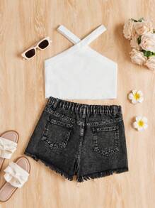 SHEIN Tween Girls Solid Color Casual Tank Top & Ripped Denim Shorts 2Pcs Set