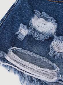 SHEIN Girlism 千禧少女春夏休闲纯灰色水洗低腰破洞毛边牛仔短裤，适合夏季海滩波西米亚风度假、夏季音乐会、音乐节、街头休闲派对、女生夏季早午餐毕业典礼等场合。 - 深色水洗藍 - 查看 5