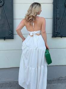 Jeta Ari Women's Romantic Floral Printed Beach Vacation Halter V-Neck Pleated Backless A-Line Dress For Summer Hawaii,Summer Dresses For Women,Tea Party Dress,White Graduation Dress - White - View 2