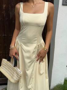 SHEIN EZwear 女式纯色方领褶饰休闲无袖连衣裙 - 黃色 - 查看 4