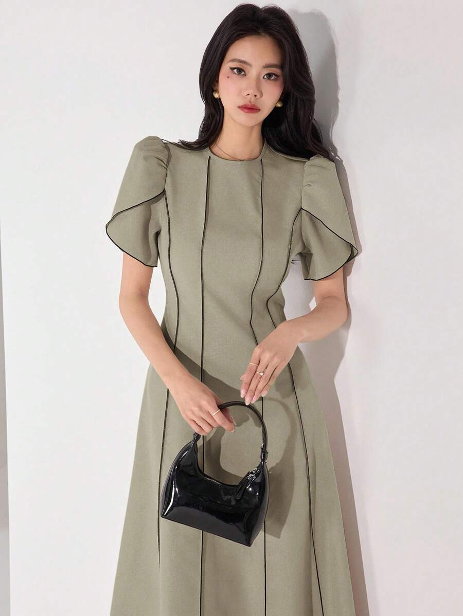 Heiryn Women's Elegant Arabic Style Flounced Sleeve Midi Dress Khaki Dress Women Korean Style,Work Dresses