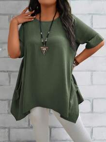 EMERY ROSE Chemises décontractées amples pour mères de grande taille, col rond, manches courtes, double poche, en bleu, pour l'été