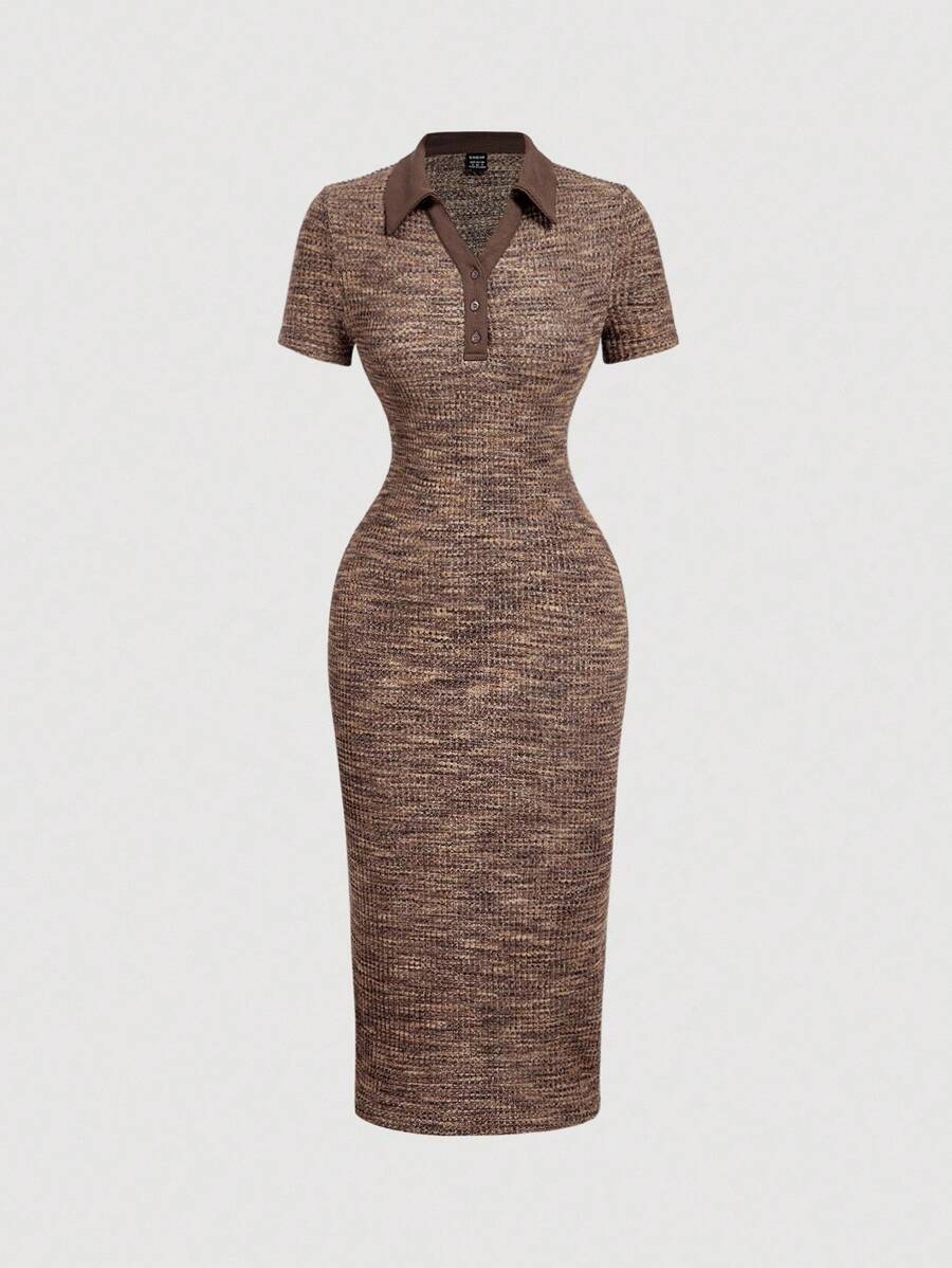 SHEIN MOD Lapel Short Sleeve Brown Mid-Length Dress,Autumn Casual Everyday Summer Dresses For Women,Business Office Teacher Outfits,Back To School,Old Money - Multicolor - View 1