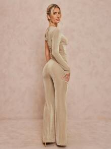 Lumalex Fall Modest Old Money Coquette Glitter Holiday Party Outfit Rave Festival Outing  Swim Vacation Bohemian BOHO Sea Beach Hot Outdoor Richly Layered Wedding Season Banquet Coming Of Age Ceremony Beach Seaside 2pcs Women Elegant Plain Color Oblique Shoulder Ruched Top And Pants Set - Khaki - View 6