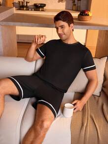 SHEIN Men's Casual Round Neck Short Sleeve T-Shirt And Shorts Homewear Set, Summer - Black - View 1