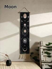 ROMWE Goth 1pc Decorative Tapestry ,Decorative Hanging Flag With Tassels,Bohemian Sun And Moon Hand-Woven Printed Pattern Fringed Tapestry, Simple Studio Living Room, Background Wall Decoration Holiday Gift Pendant,Home Decor - Black - View 9