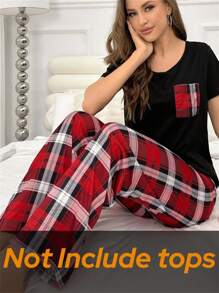 SHEIN Lässige rote karierte gestrickte Pyjamahose für Damen, weiche langärmelige bequeme rote karierte Pyjamahose, Herbst, Winter - Rot - Übersicht 6