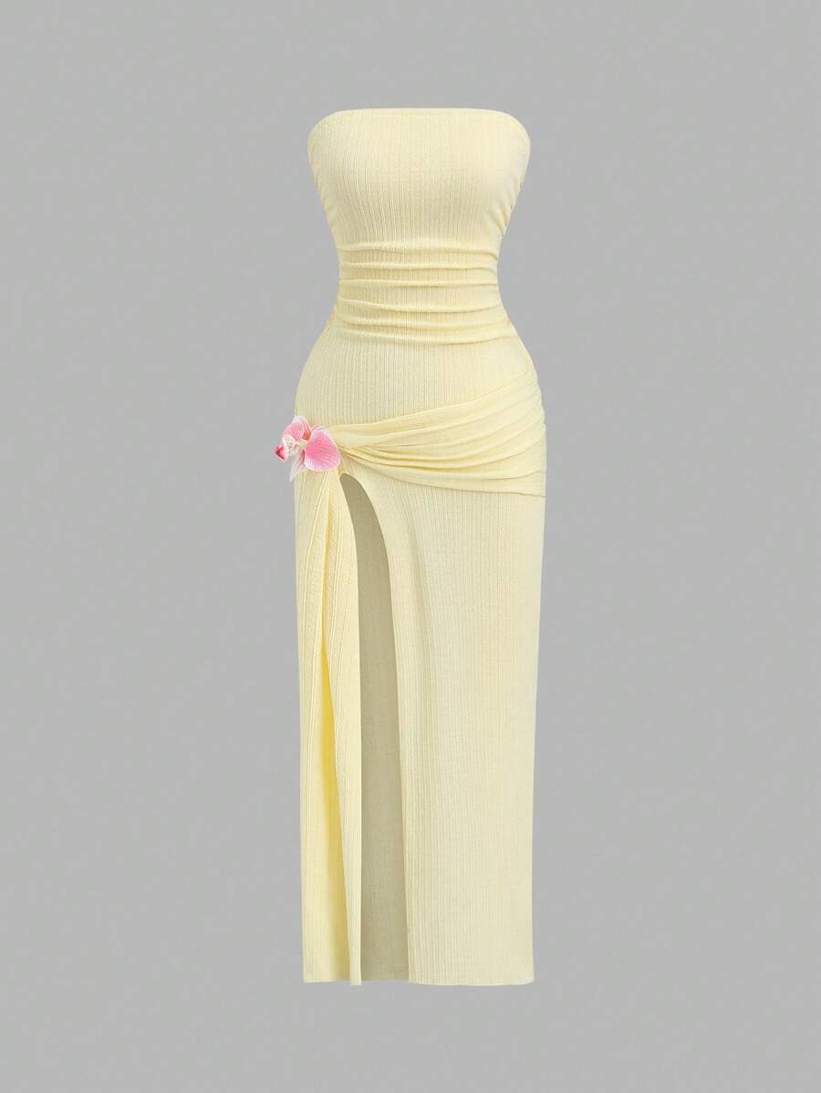 Sweetra Petite Đầm dài hở vai họa tiết hoa lan thanh lịch mùa xuân/hè cho kỳ nghỉ - Màu vàng - Xem 1