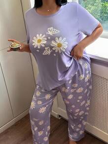 雏菊与蝴蝶印花短袖睡衣套装 - 紫色 - 查看 4