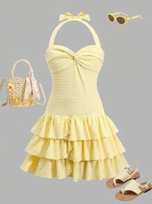 SHEIN 青少年女孩度假优雅纯色扭褶荷叶边下摆挂脖连衣裙