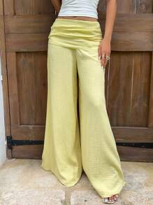 Sunnyshic 柔黄色纹理褶皱阔腿休闲裤